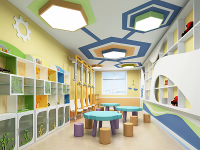 Vibrant Kindergarten Interior With Hexagon Ceiling Lights Yellow Walls Gear Decor And Colorful Tables 3d model