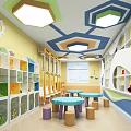 Vibrant Kindergarten Interior With Hexagon Ceiling Lights Yellow Walls Gear Decor And Colorful Tables