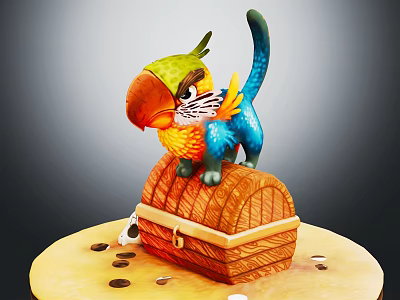 Colorful Parrot Perched On Wooden Chest With Scattered Coins And Vibrant Feathers 3d model