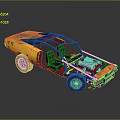 Yellow Custom Car with Red Frame Exposed Engine Open Top and Rusty Large Wheels