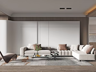 Modern Living Room Interior Design With Beige Sofa Throw Pillows And Coffee Table Rug 3d model