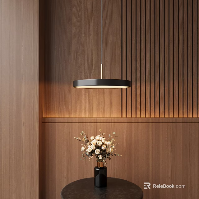 Modern Circular Pendant Light Hanging Over Wooden Wall With Flower Vase 3d model 