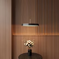 Modern Circular Pendant Light Hanging Over Wooden Wall With Flower Vase