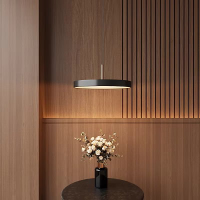 Modern Circular Pendant Light Hanging Over Wooden Wall With Flower Vase 3d model