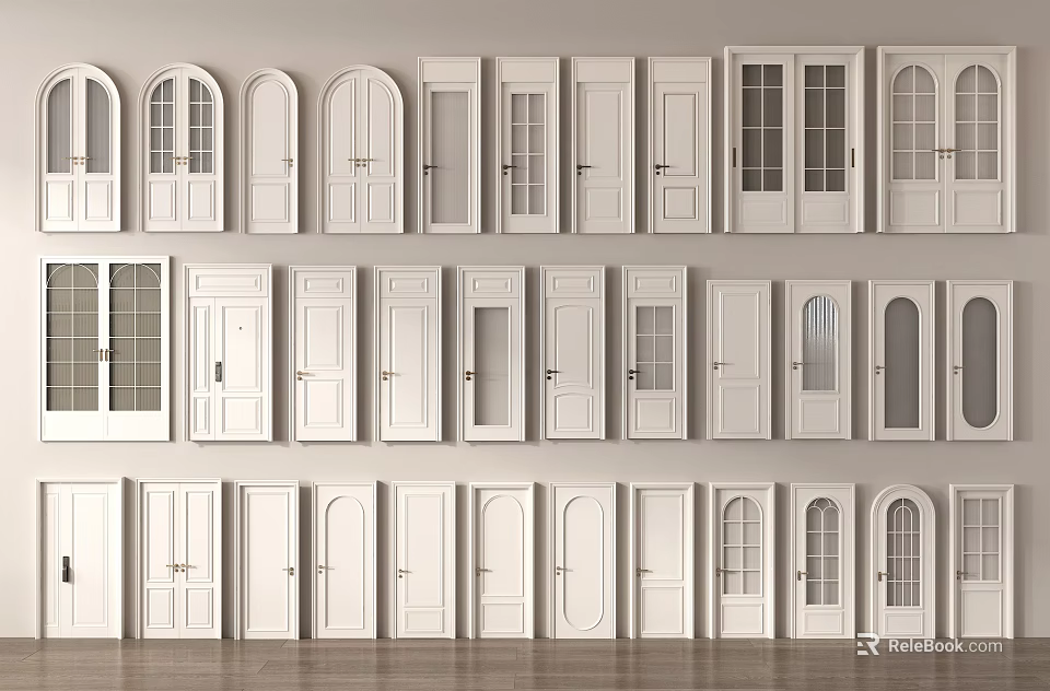 White Interior Doors With Various Styles Including Arched Glass Panel And Flat Designs 3d model 