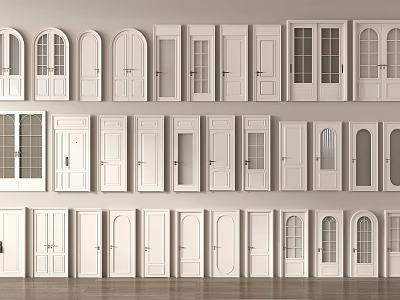White Interior Doors With Various Styles Including Arched Glass Panel And Flat Designs 3d model