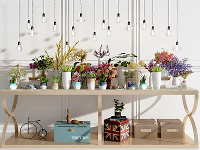 Colorful Bonsai and Potted Plants Displayed on Wooden Shelf with Decorative Items 3d model