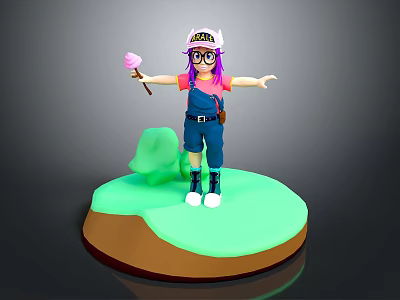 Cartoon Character With Purple Hair And Cool Hat Holding Cotton Candy On Green Base 3d model