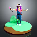 Cartoon Character With Purple Hair And Cool Hat Holding Cotton Candy On Green Base