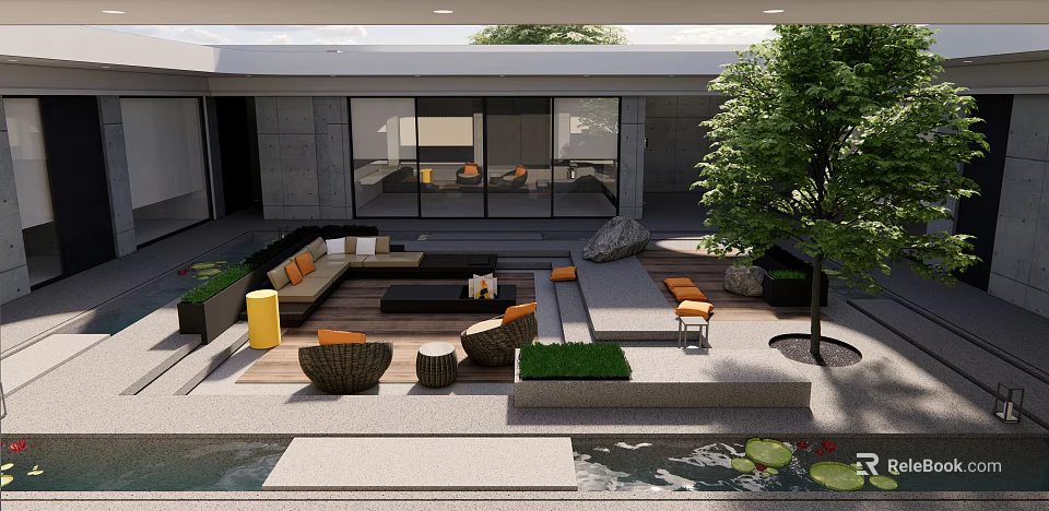 Modern Courtyard Garden With Outdoor Furniture Stone Patio Water Feature And Greenery 3d model 