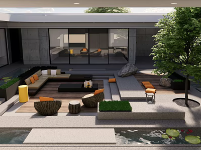 Modern Courtyard Garden With Outdoor Furniture Stone Patio Water Feature And Greenery 3d model