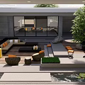 Modern Courtyard Garden With Outdoor Furniture Stone Patio Water Feature And Greenery