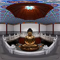 Buddhist Religious Faith Displayed In Golden Buddha Statue With Traditional Decorative Ceiling And Stone Railings