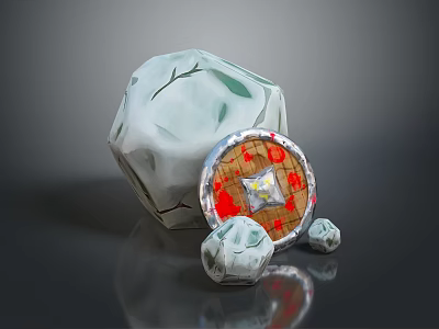 Decorative Grey Stone Object With Round Shield Featuring Red And Yellow Pattern And Small Stones 3d model