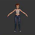 Game Movie Character with Red Hair Gray Tank Top Blue Jeans White Sneakers Standing Pose