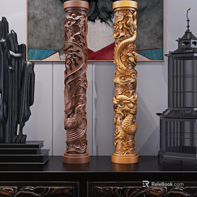 Carved Wooden Columns With Dragon And Cloud Patterns For Interior Decoration 3d model 