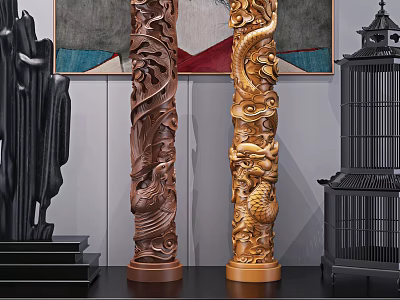 Carved Wooden Columns With Dragon And Cloud Patterns For Interior Decoration 3d model