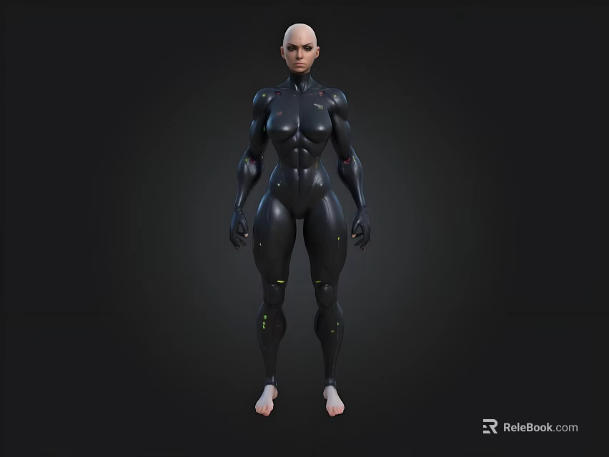 Futuristic Female Robot Standing With Black Mechanical Body And Bald Head 3d model 