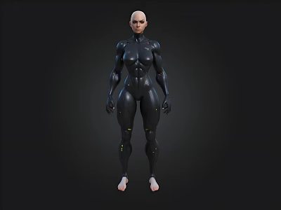 Futuristic Female Robot Standing With Black Mechanical Body And Bald Head 3d model