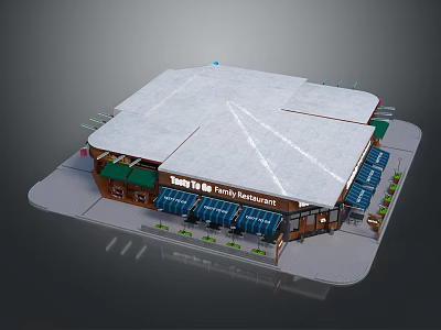 Uncle Bobs Family Restaurant Building With White Sloped Roof Blue Awnings Outdoor Seating And Plants 3d model