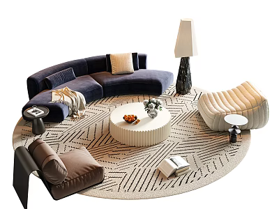 Curved Navy Blue Sofa And Round Coffee Table Set With Beige Armchair Striped Rug 3d model