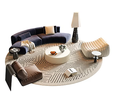 Curved Navy Blue Sofa And Round Coffee Table Set With Beige Armchair Striped Rug 3d model