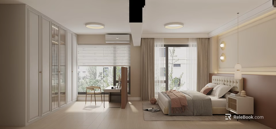 Modern Bedroom Interior With Large Bed Window Blinds Desk Chair And Wooden Floor 3d model 