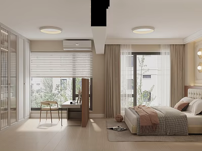 Modern Bedroom Interior With Large Bed Window Blinds Desk Chair And Wooden Floor 3d model