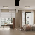 Modern Bedroom Interior With Large Bed Window Blinds Desk Chair And Wooden Floor