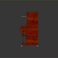 Red Wooden Upright Piano With Carved Details And Black White Keys