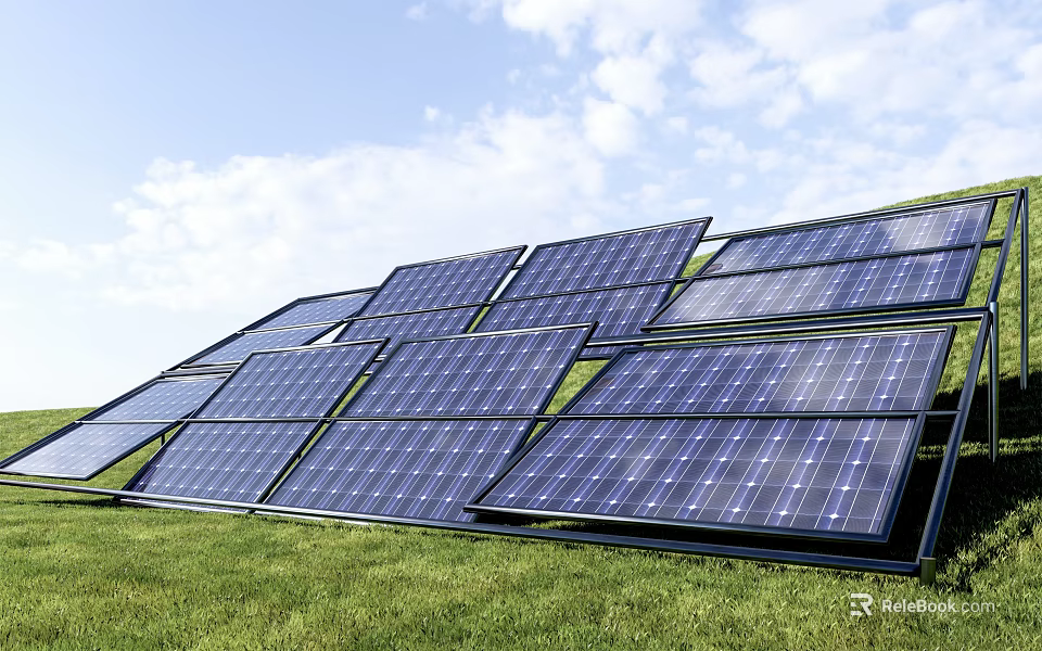 Solar Panels Array Installed On Green Grass Under Blue Sky With Clouds 3d model 