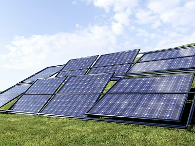 Solar Panels Array Installed On Green Grass Under Blue Sky With Clouds 3d model