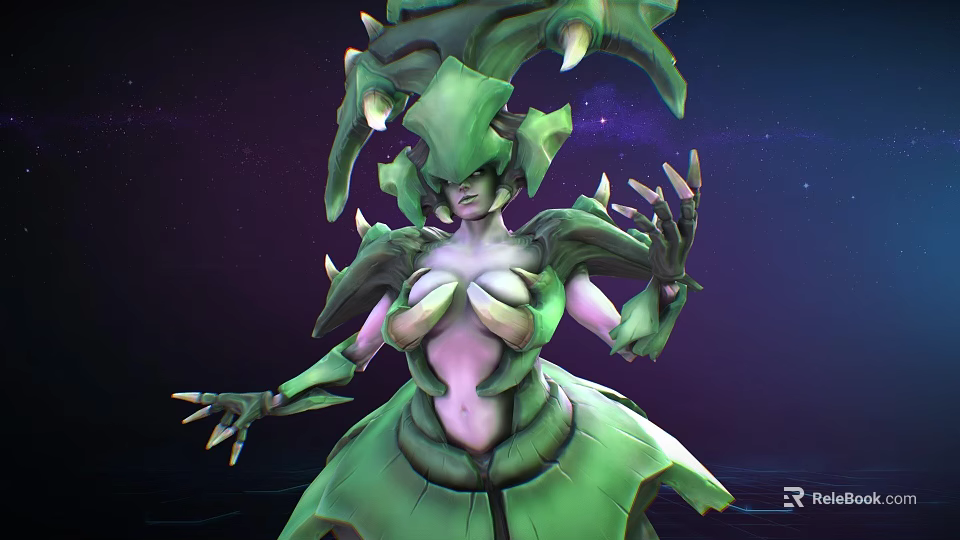 Mystical Female Character In Green Biomorphic Outfit With Spikes Leaf Petals And Starry Cosmic Background 3d model 