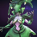 Mystical Female Character In Green Biomorphic Outfit With Spikes Leaf Petals And Starry Cosmic Background