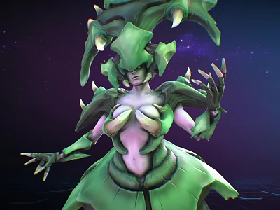 Mystical Female Character In Green Biomorphic Outfit With Spikes Leaf Petals And Starry Cosmic Background 3d model