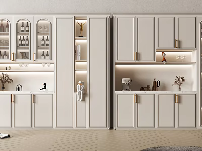 Modern Wine Cabinet With Glass Doors Displaying Wine Bottles Embedded Lighting And Metal Handles 3d model