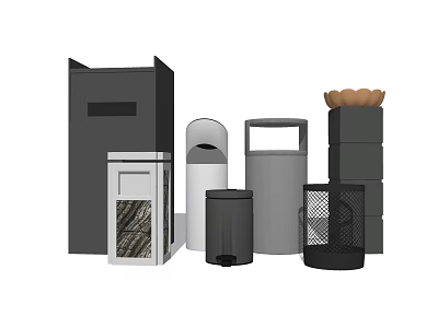 Public Facility Waste Bins With Various Modern Styles Lids Mesh And Open Tops 3d model