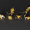 Golden Reptile Characters In Armor With Multiple Poses On Dark Background 3d model