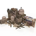 Vintage Wooden Barrels Crates And Tools With Rustic Table Setup 3d model