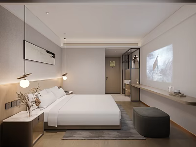 Modern Hotel Room Interior With Queen Bed Projector Screen Nightstand And Decorative Painting 3d model