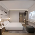Modern Hotel Room Interior With Queen Bed Projector Screen Nightstand And Decorative Painting