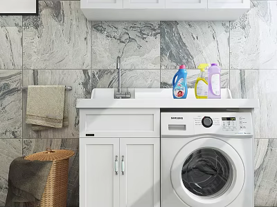 Modern Bathroom Cabinet With Washing Machine Marble Wall Towel And Laundry Basket 3d model
