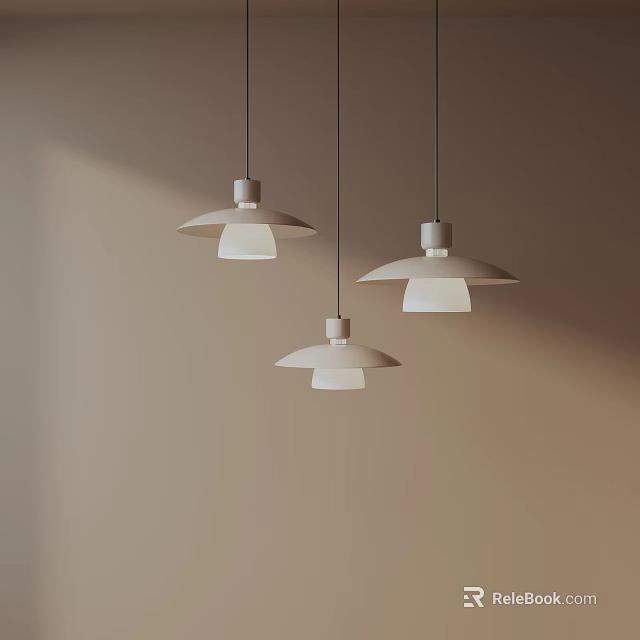 Modern Minimalist Three White Pendant Lights with Umbrella Shaped Shades Hanging on Light Brown Wall 3d model 