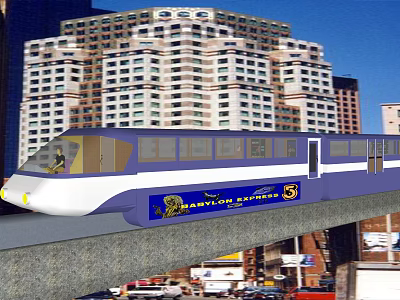 Blue and White Barryville Express Train on Elevated Track with Urban High Rise Buildings 3d model