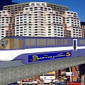 Blue and White Barryville Express Train on Elevated Track with Urban High Rise Buildings