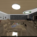 School Cafeteria With Bright Interior Wooden Tables Chairs Large Windows And Piano