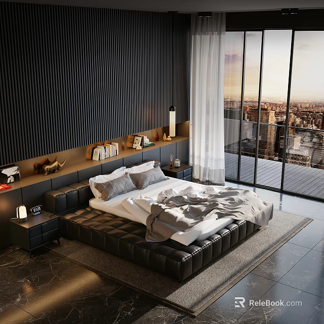 Elegant Modern Double Bed Interior With Dark Slat Wall White Curtains And City View 3d model 