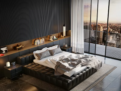 Elegant Modern Double Bed Interior With Dark Slat Wall White Curtains And City View 3d model