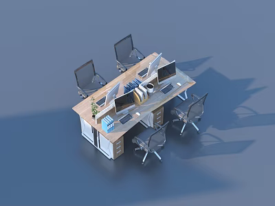 Modern Office Wooden Desk And Chair Set With Computers Plant And Drawers 3d model