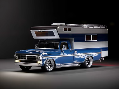 Blue Vintage Customized Pickup Truck With Silver Blue Camper Shell Pop Up Roof And Windows 3d model